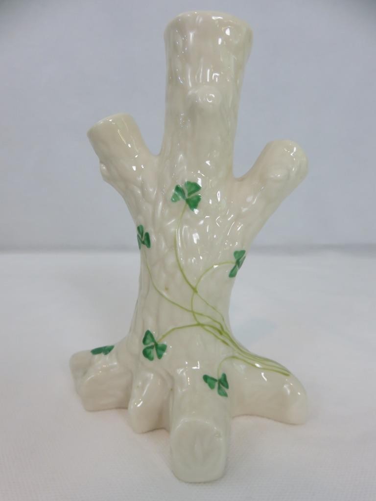 Belleek Shamrock Tree Trunk Vase 3-Bud Green Mark Ireland 6″