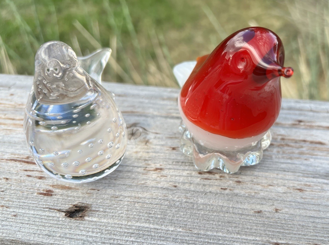 Set Of Two glass Bird Paper Weights One red And White And One Clear