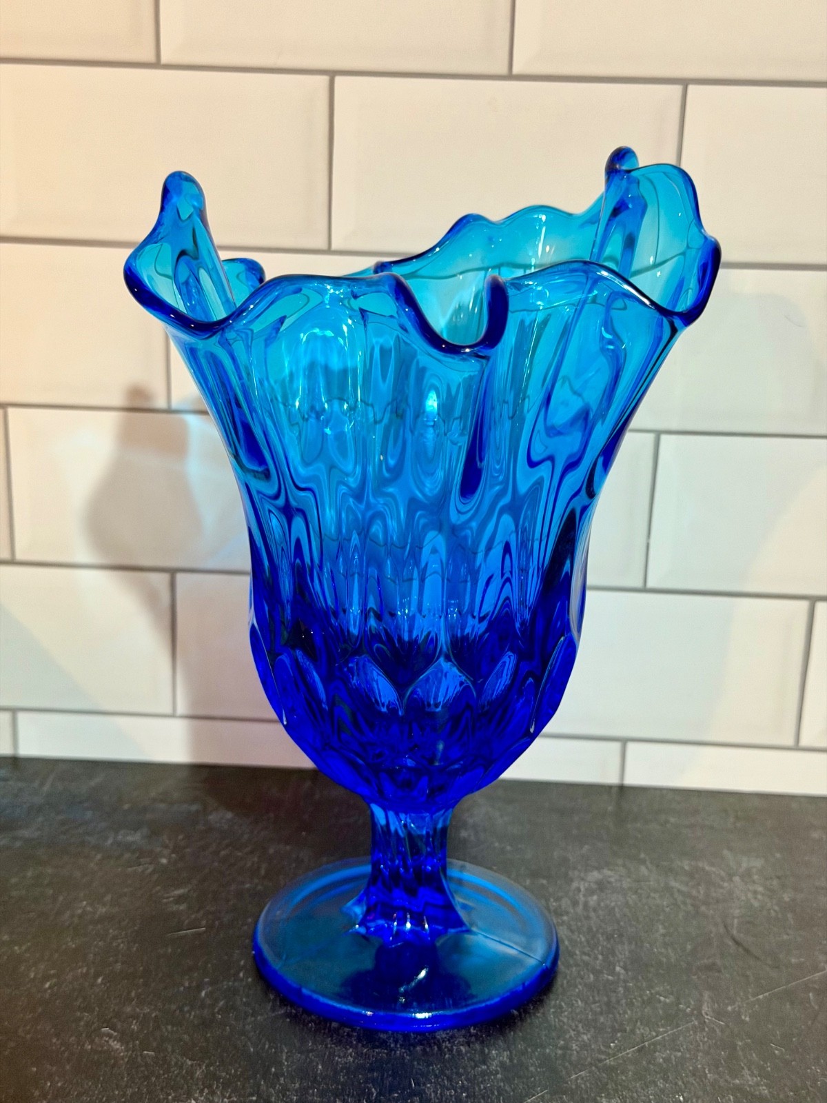 Vtg 8 1/2”H Fenton Swung Vase Colonial Blue Sapphire Hanker chief Thumbprint