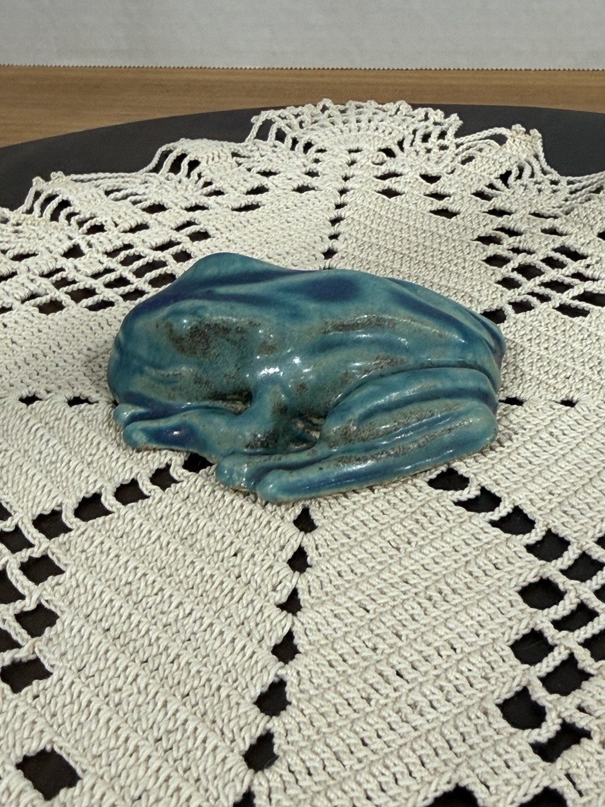 Pewabic Detroit Pottery Mottled Green Blue Frog Figurine Paperweight, Excellent