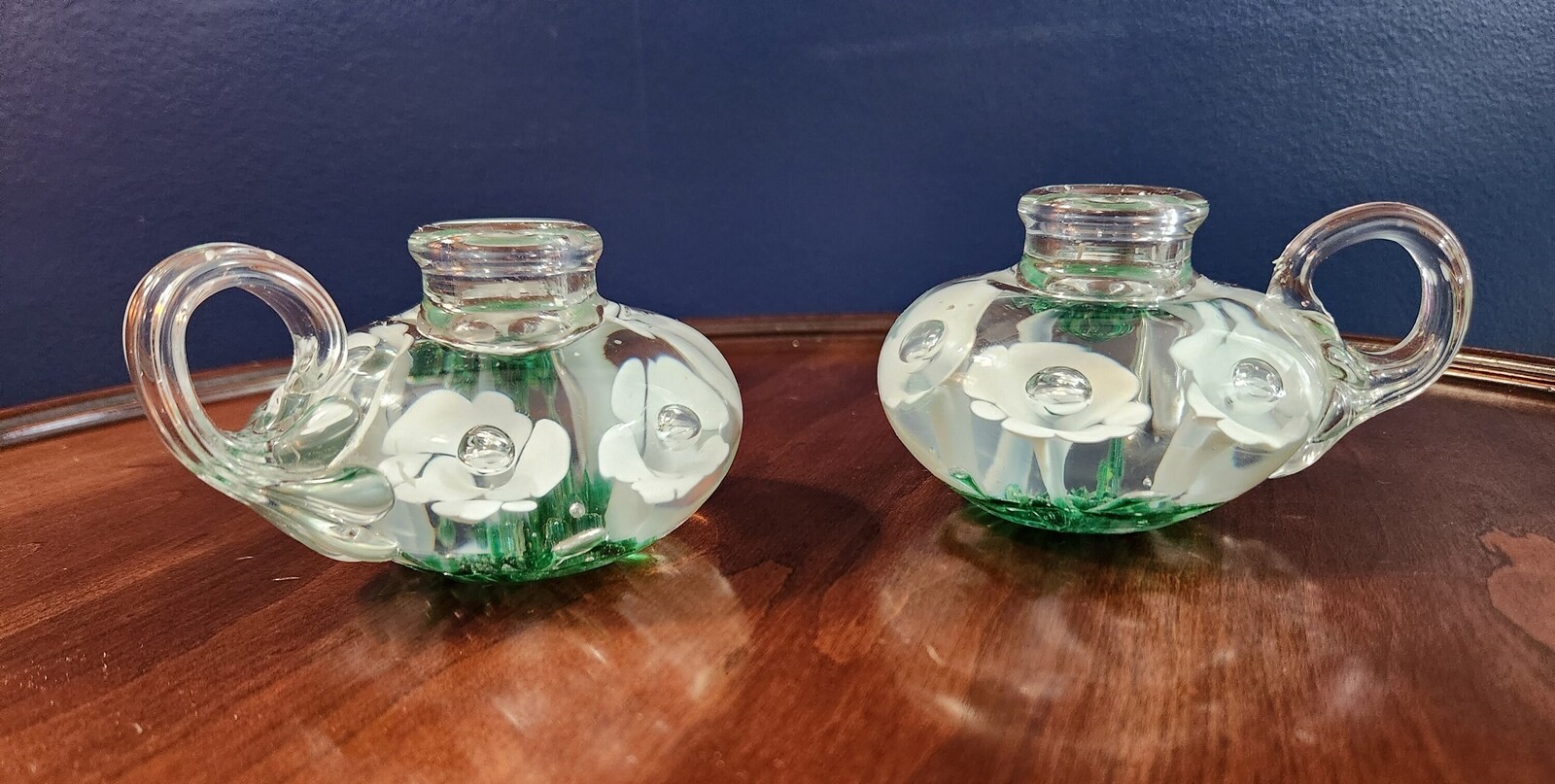 Candlestick Holder Pair Green and White Flower Paperweight