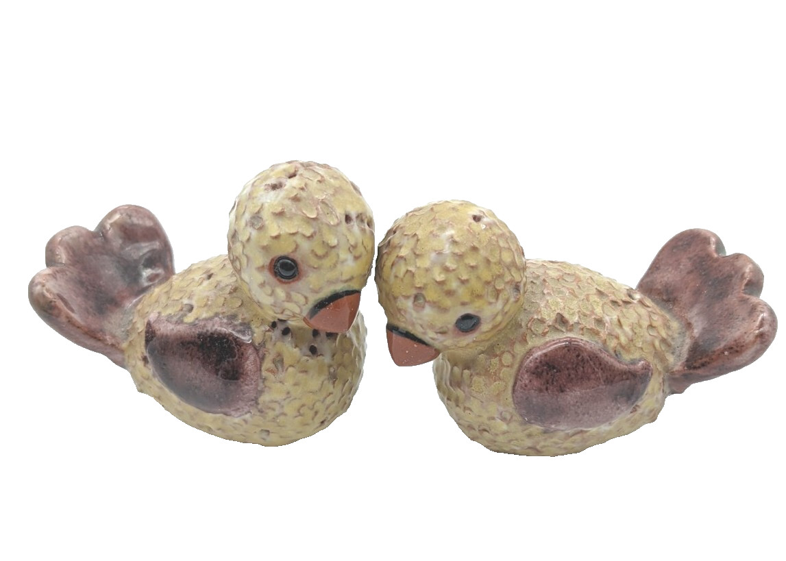 Two Miniature Pottery Birds Signed Swanson Terracotta 2.5″ long Yellow Brown