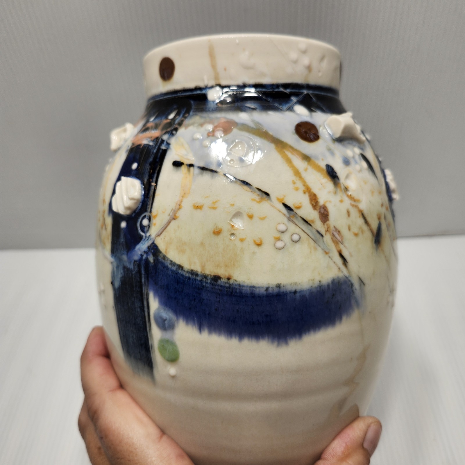 Studio Art Pottery Vase Signed J Mitcaem Contemporary Asian Abstract Expression