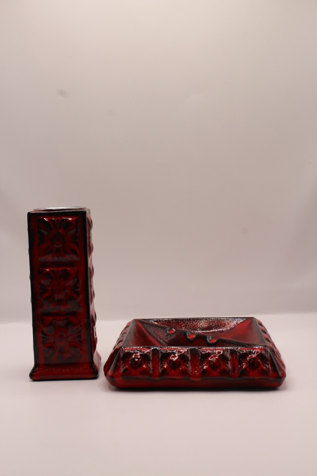 Vintage West Germany Style Ceramic Ash Tray & Candle Holder Beautiful Red Glaze
