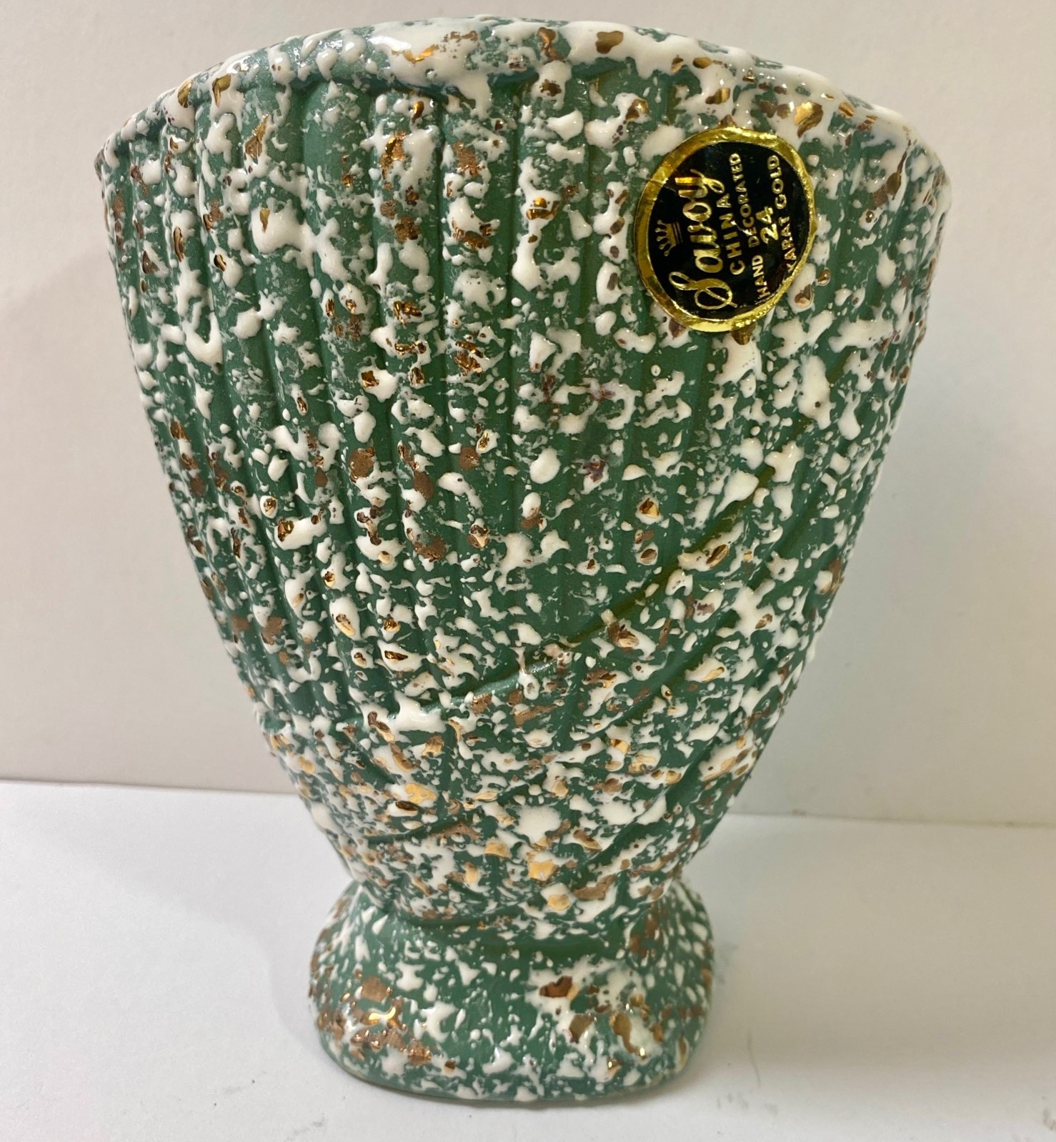 Vtg Savoy Speckle Vase Splatter Art Pottery Green White 24k Gold Planter MCM