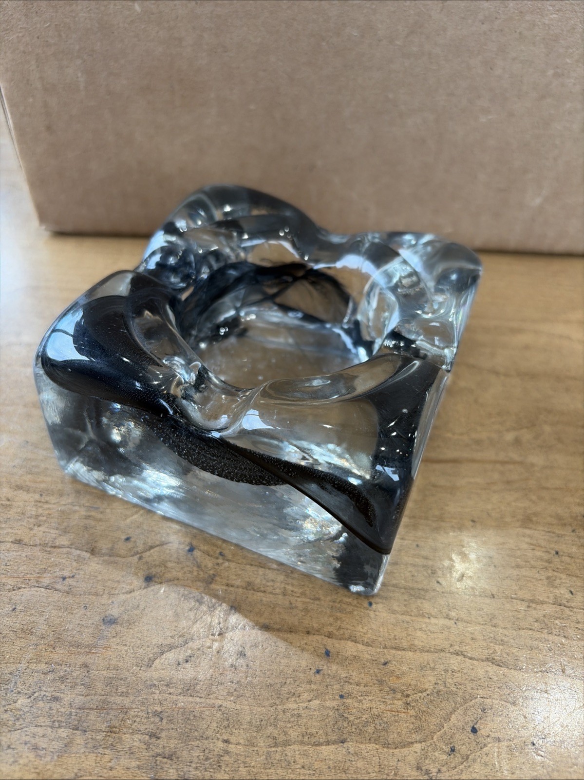 Vintage Daum Style ArtDeco Heavy Clear & Black Swirl Glass Ashtray Swiss Sourced