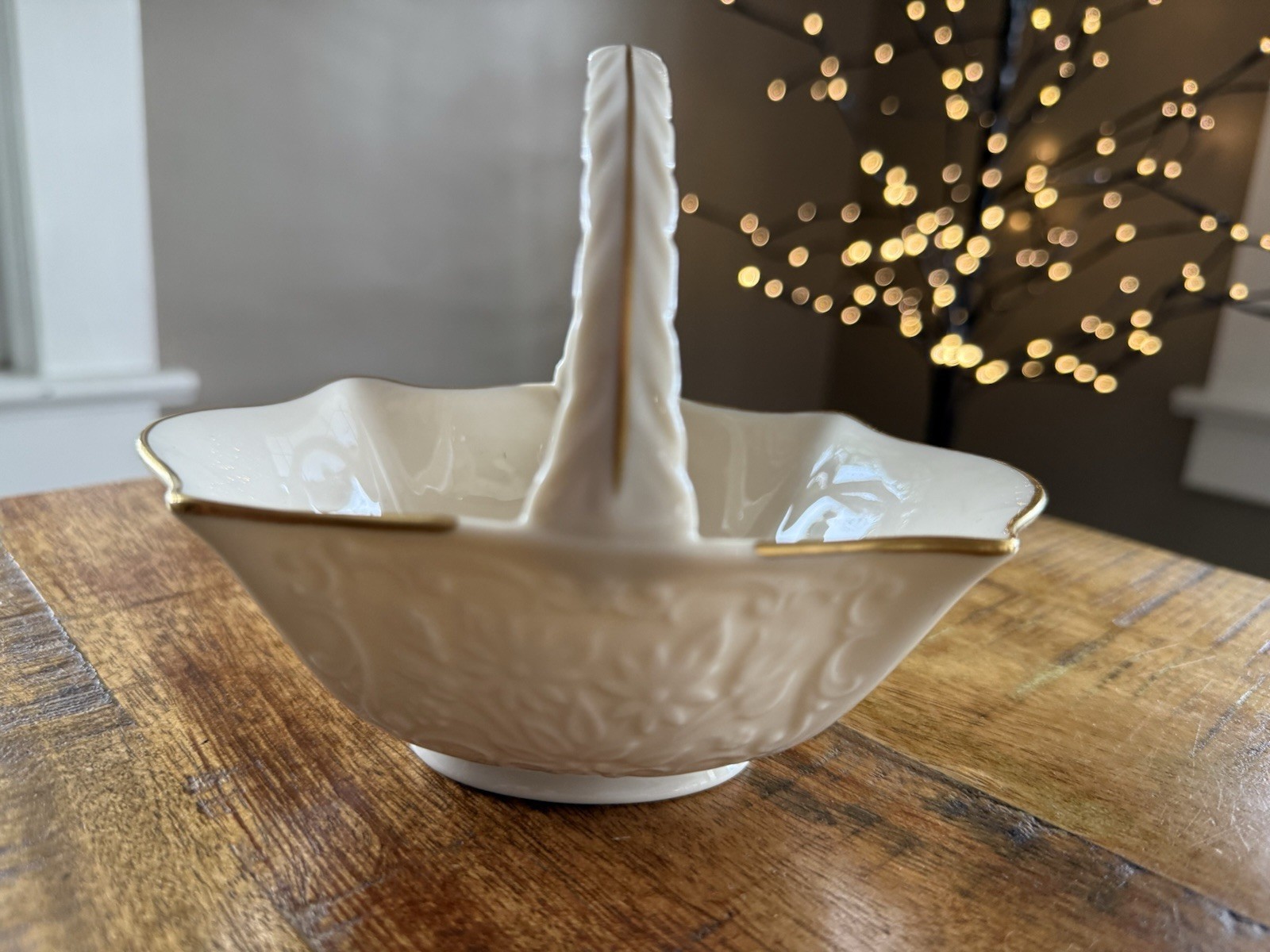 Lenox Basket With Handle San Souci Collection Ivory Oval Porcelain Gold USA Vtg