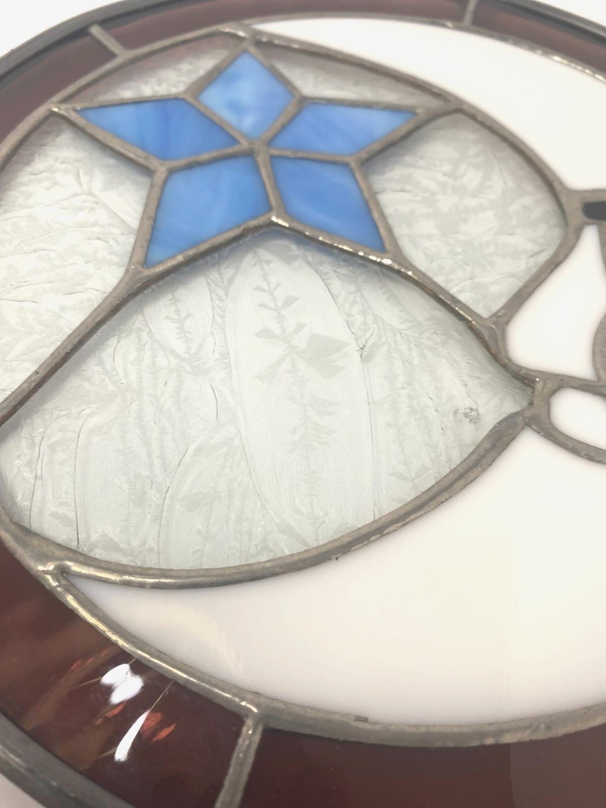 Moon & Star Stain Glass Panel: 8-inch, Purple/Blue/White, Glass Sun Catcher