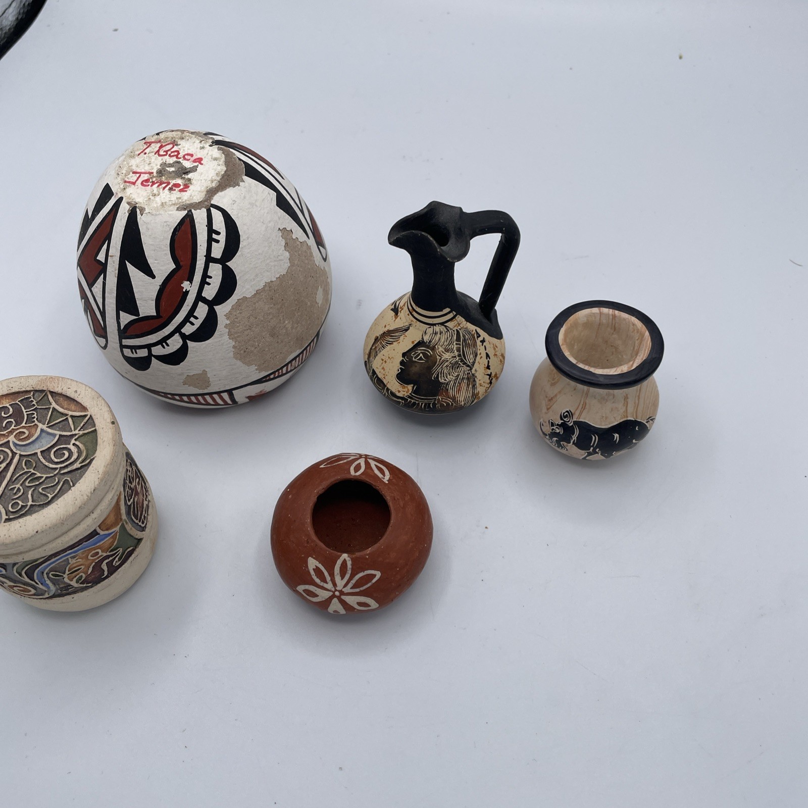 Lot Five some Signed southwestern Pottery Miniatures Jimenez, Bell decorative
