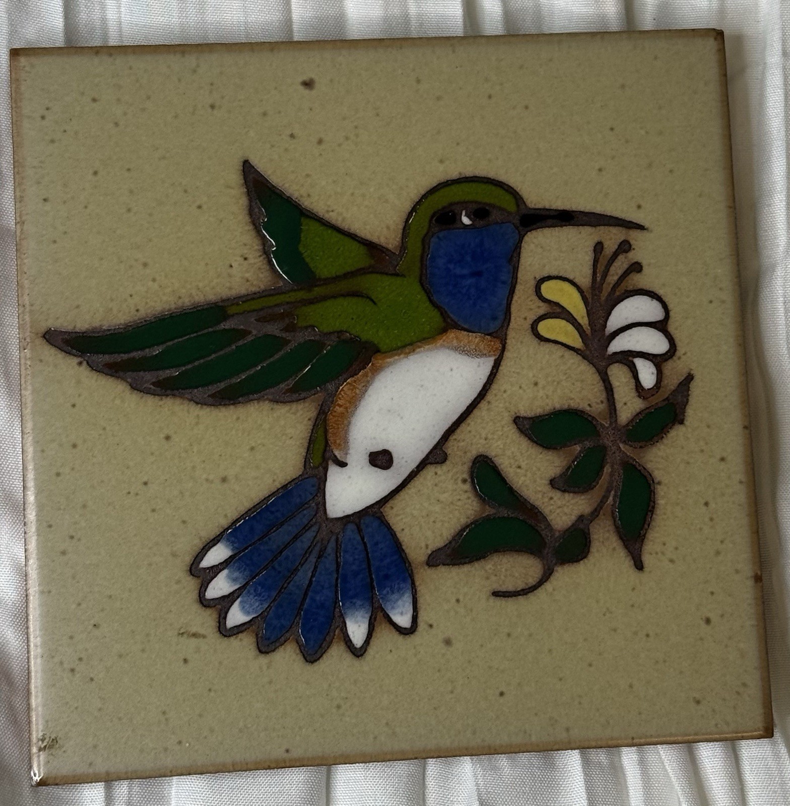 Cleo Teissedre Hand Painted Ceramic Tile Hummingbird Trivet Coaster Southwestern