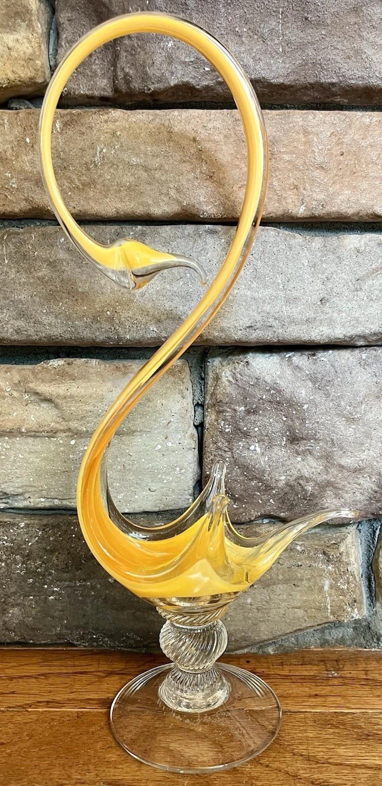 Vintage MCM European Hand-Blown Sommerso Studio Art Glass Abstract Chalet Swan