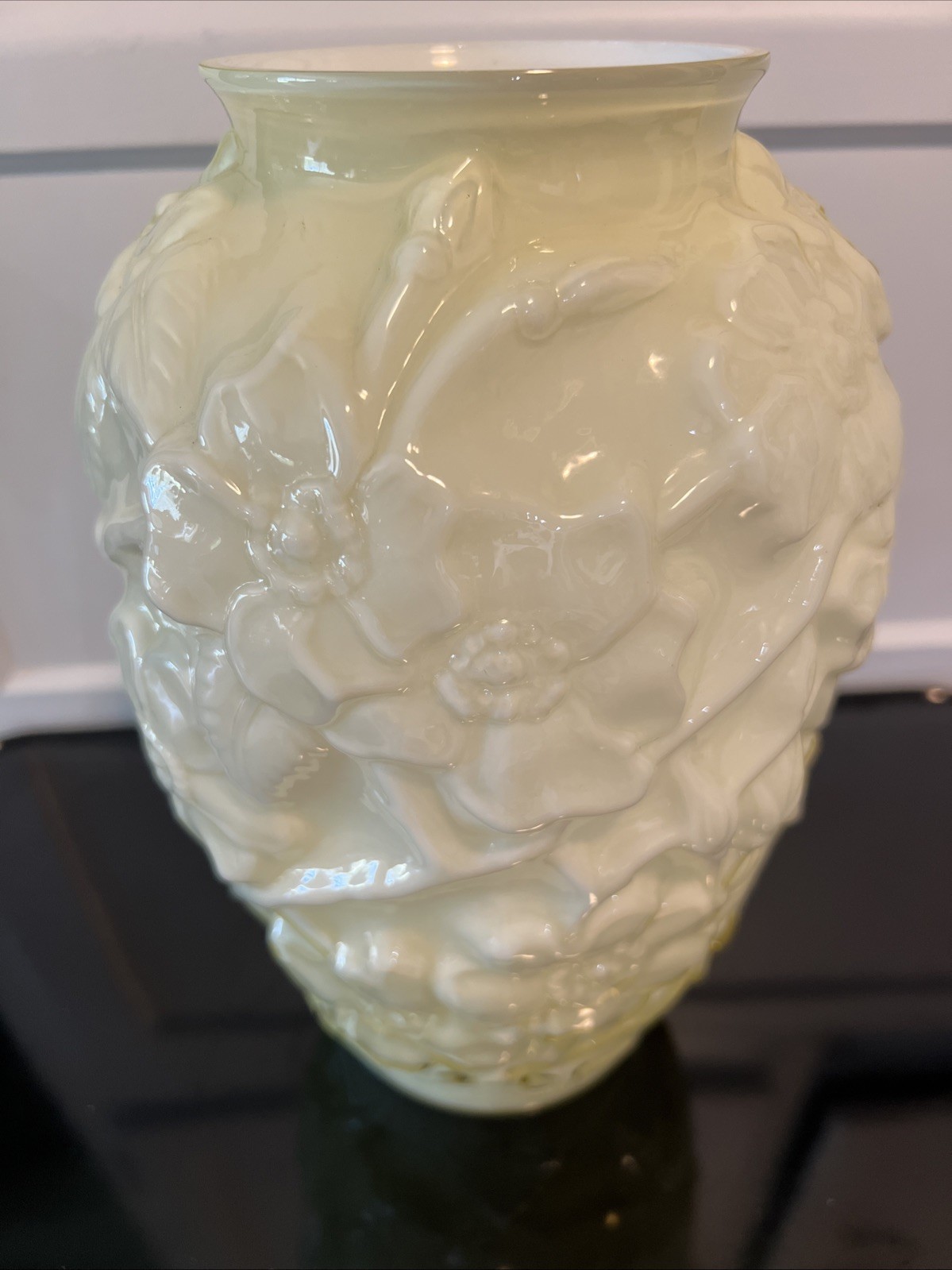 Large Fenton Yellow Overlay Cased Glass Dogwood Vase 10 1/4″ Tall