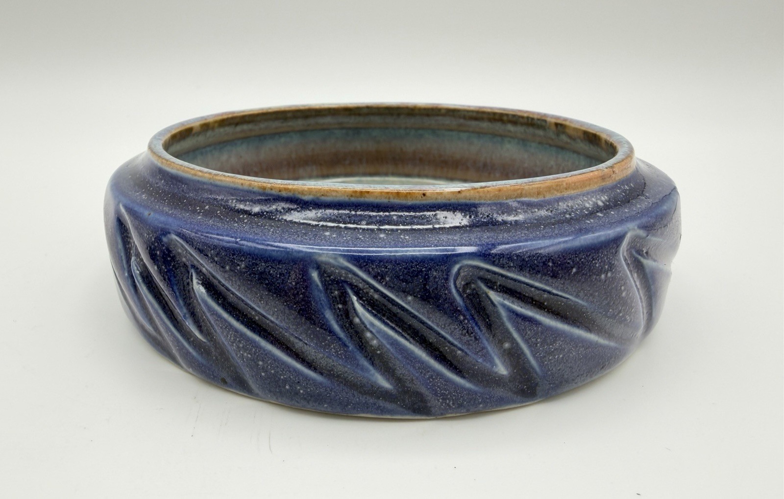 Studio Art Pottery Blue Glazed Lidded Trinket Box with Fish 4.5” Signed Susan