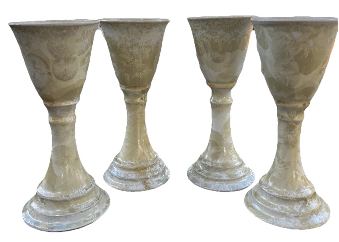 VTG Crystalline Pearlized Glaze Wine Goblet Set Of 4 Chalice Ceramic Glasses