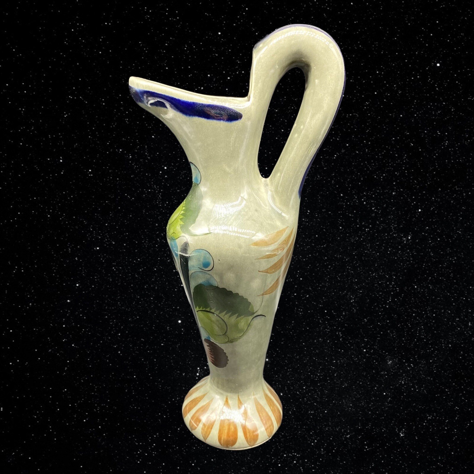 Mexican Folk Art Pottery Tonala Hand Painted Floral Pitcher Vase 11”T 5.5”W