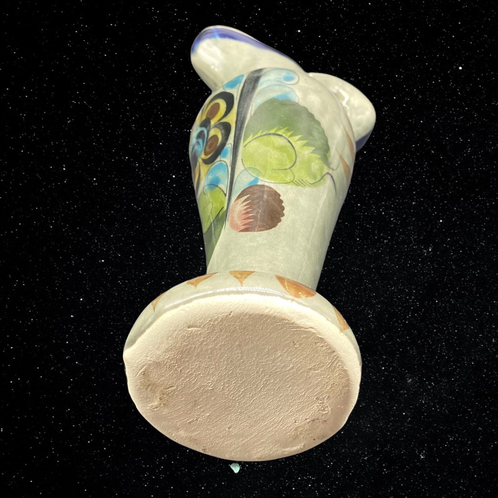 Mexican Folk Art Pottery Tonala Hand Painted Floral Pitcher Vase 11”T 5.5”W