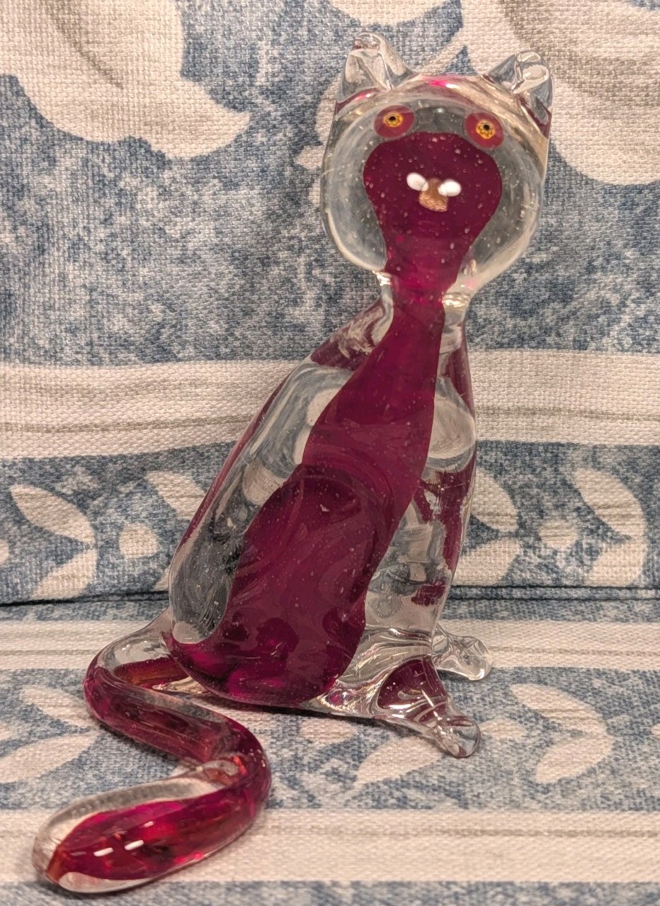 Vintage Murano Sommerso Glass Cat Figurine 4.25″ Red Mid-Century