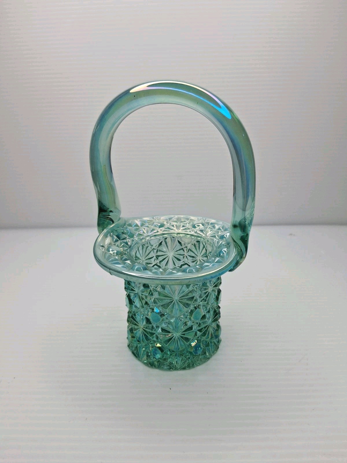 Fenton carnival glass basket in opalescent iridescent teal blue green geometric
