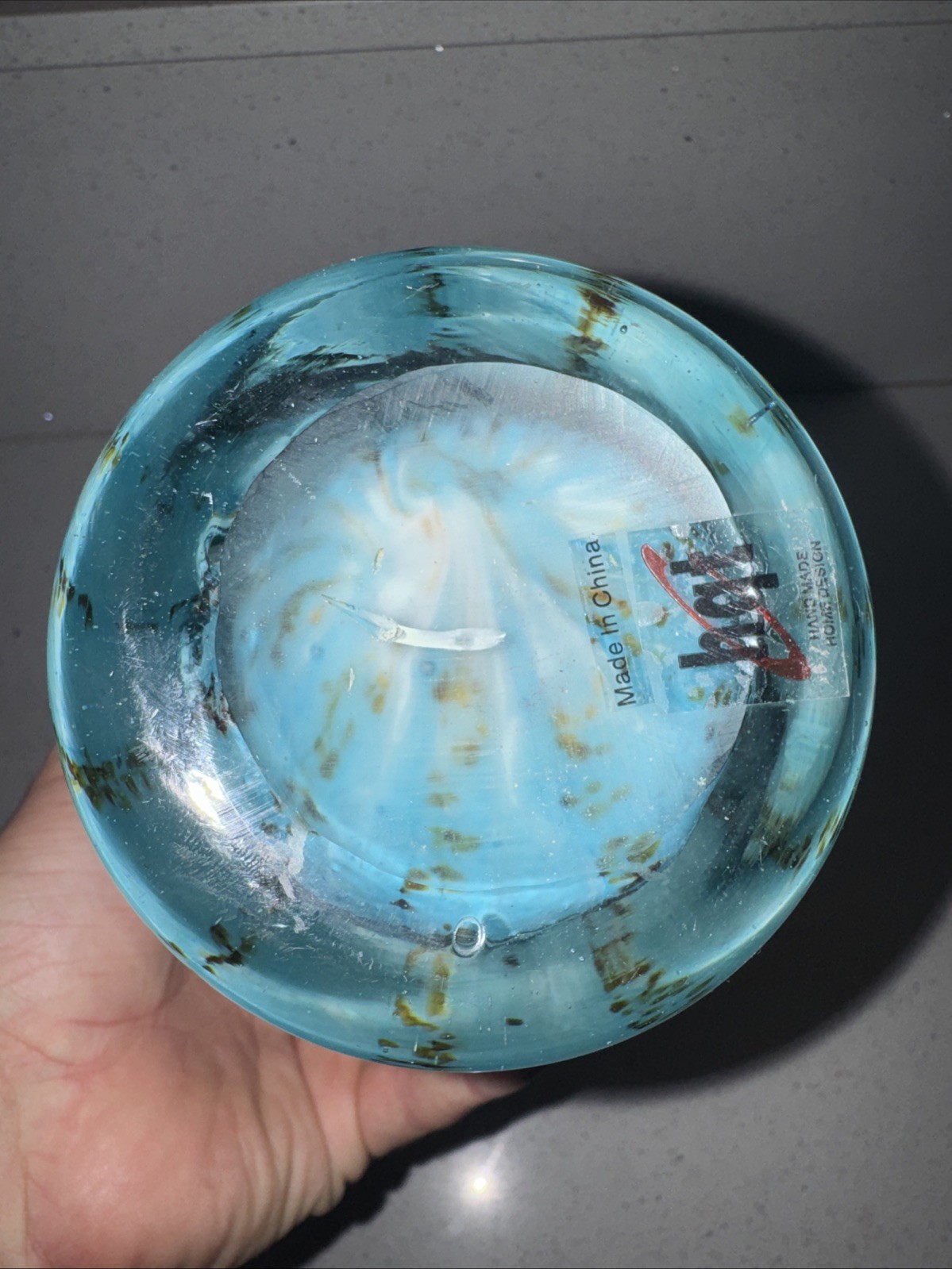 HQT Hand Made Home Design Blue White Swirl Art Glass Flared Ruffle Vase 11”