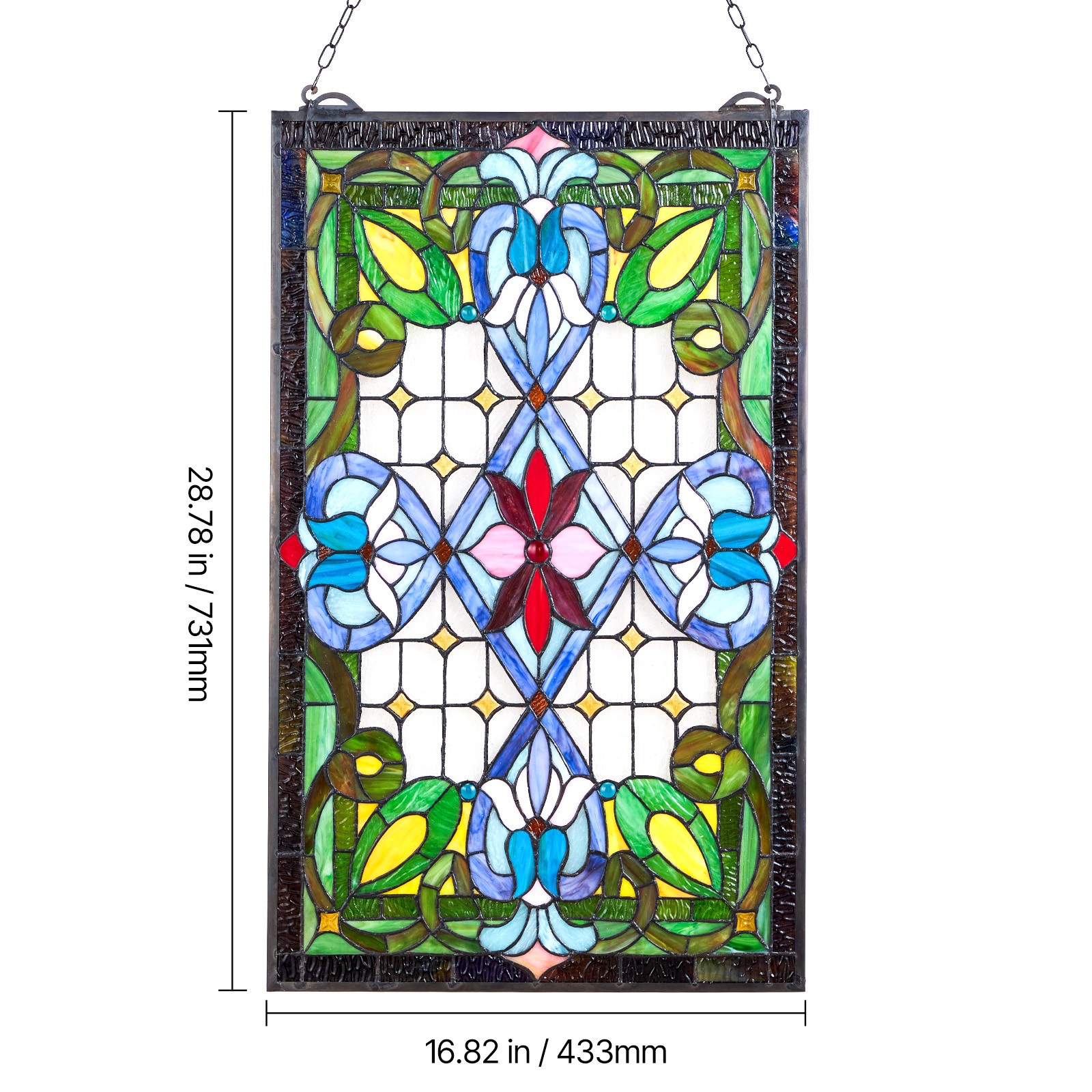 Uimoso Tiffany Style Stained Glass Hanging Panel with Chain, 17 x 29 Inches