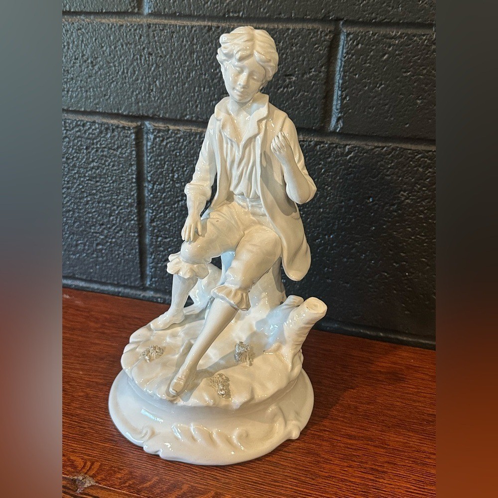 Vintage White Porcelain Figurine Seated Boy Statue – Made in Italy