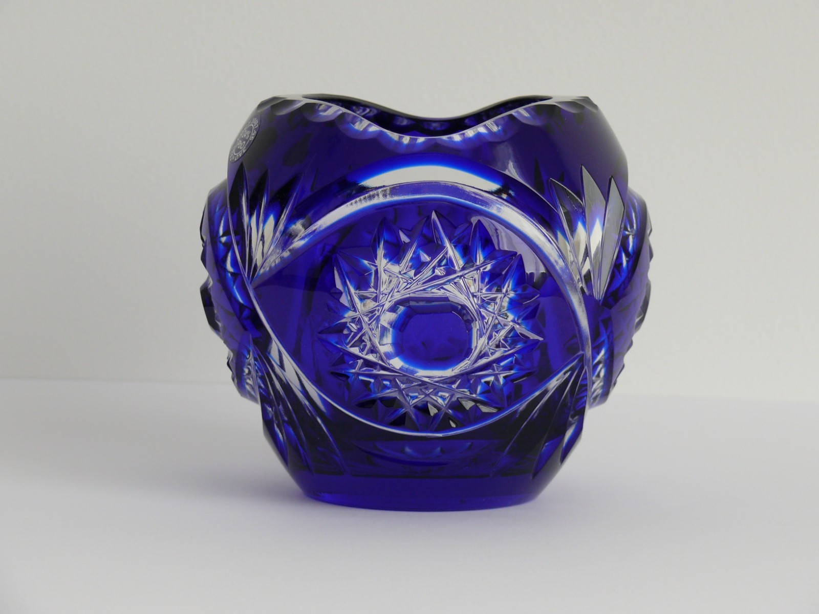 CRYSTAL flower VASE 12×13 cm, COBALT BLUE Cut to clear Overlay / Cased Crystal