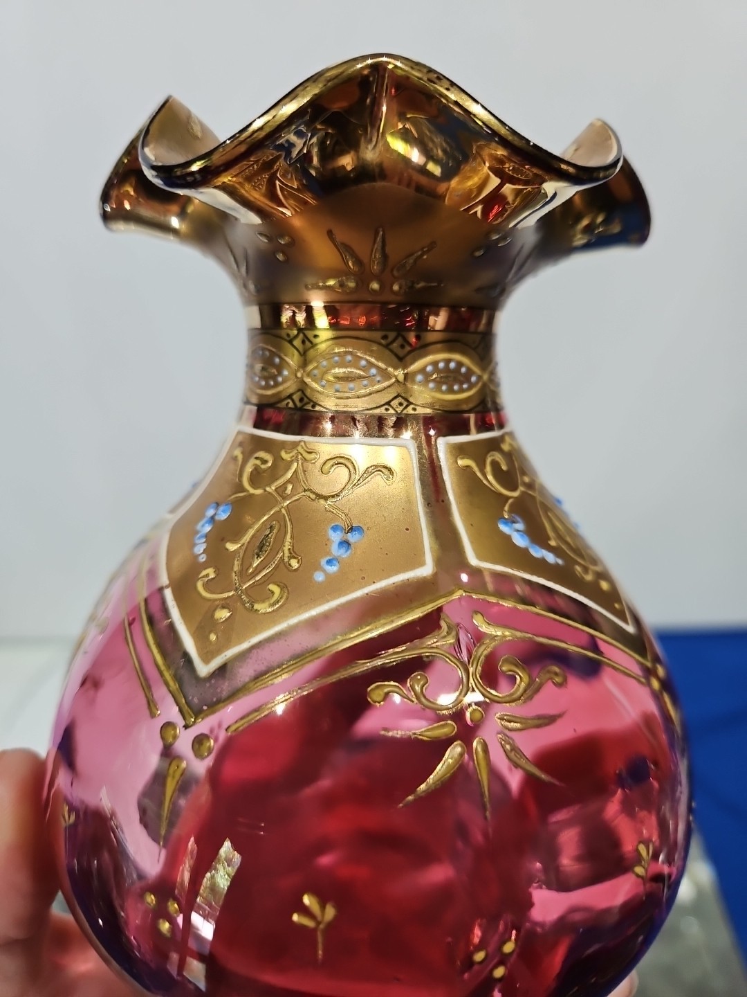 Antique Small Glass Vase, Bohemian Cranberry gold enamel , Moser / Harrach type
