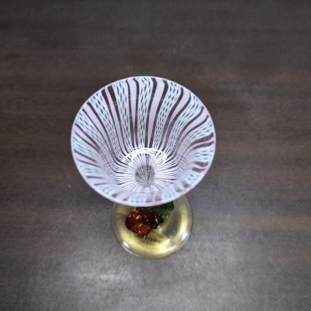 Murano Art Glass Pink Latticino Goblet Gold Gilt Floral Stem 13 cm Italy