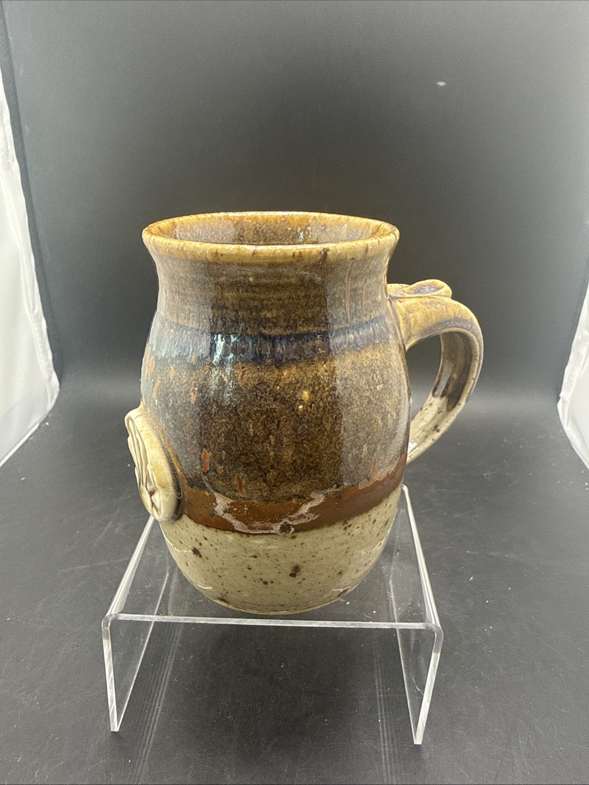 Signed Studio Art Pottery Vase Ken 1988 Shell Medallion Stoneware Handmade