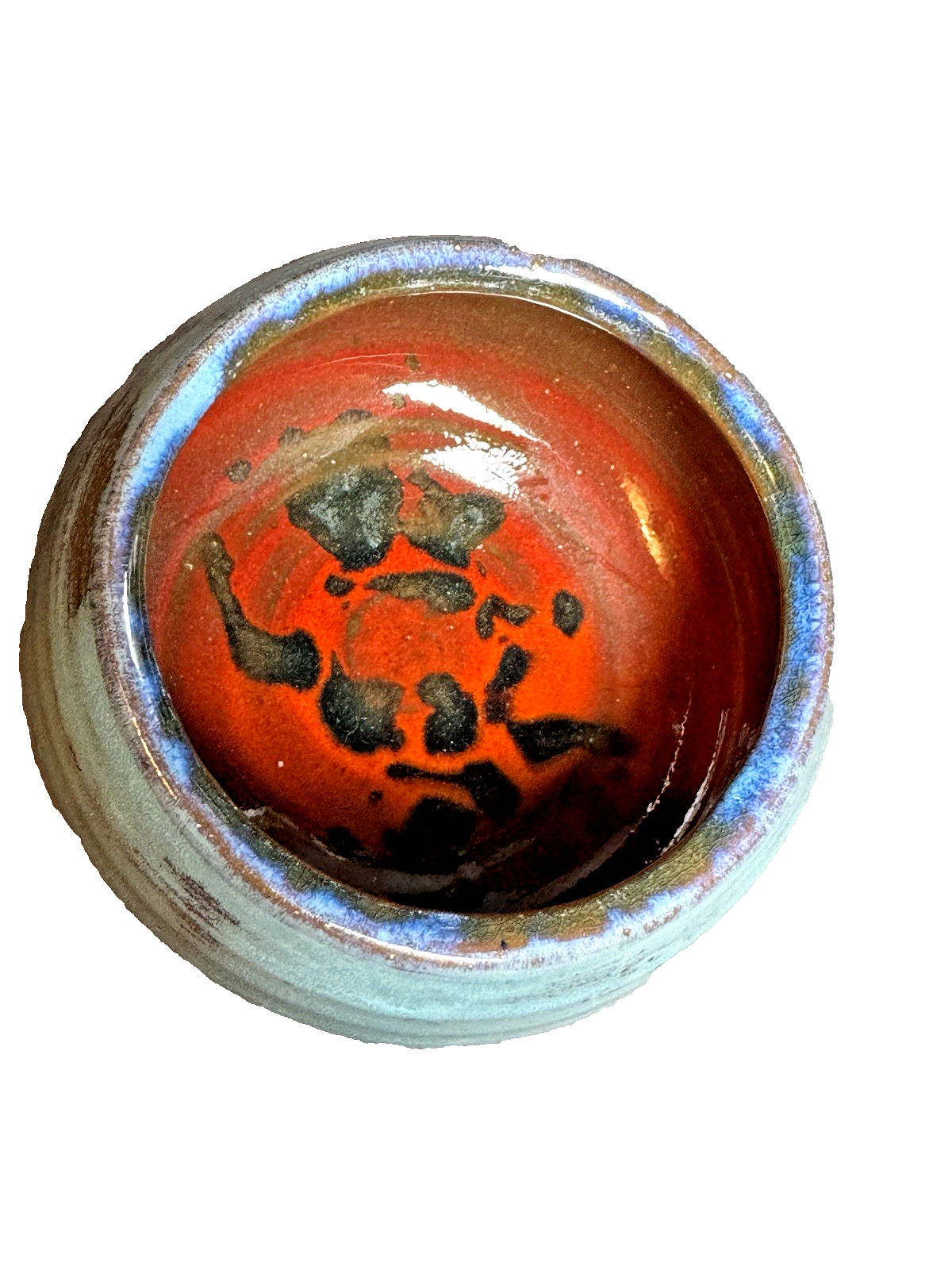 Pottery Bowl Vase Blue Green Red Interior Artisan Signed RMF 1969 Vintage NICE