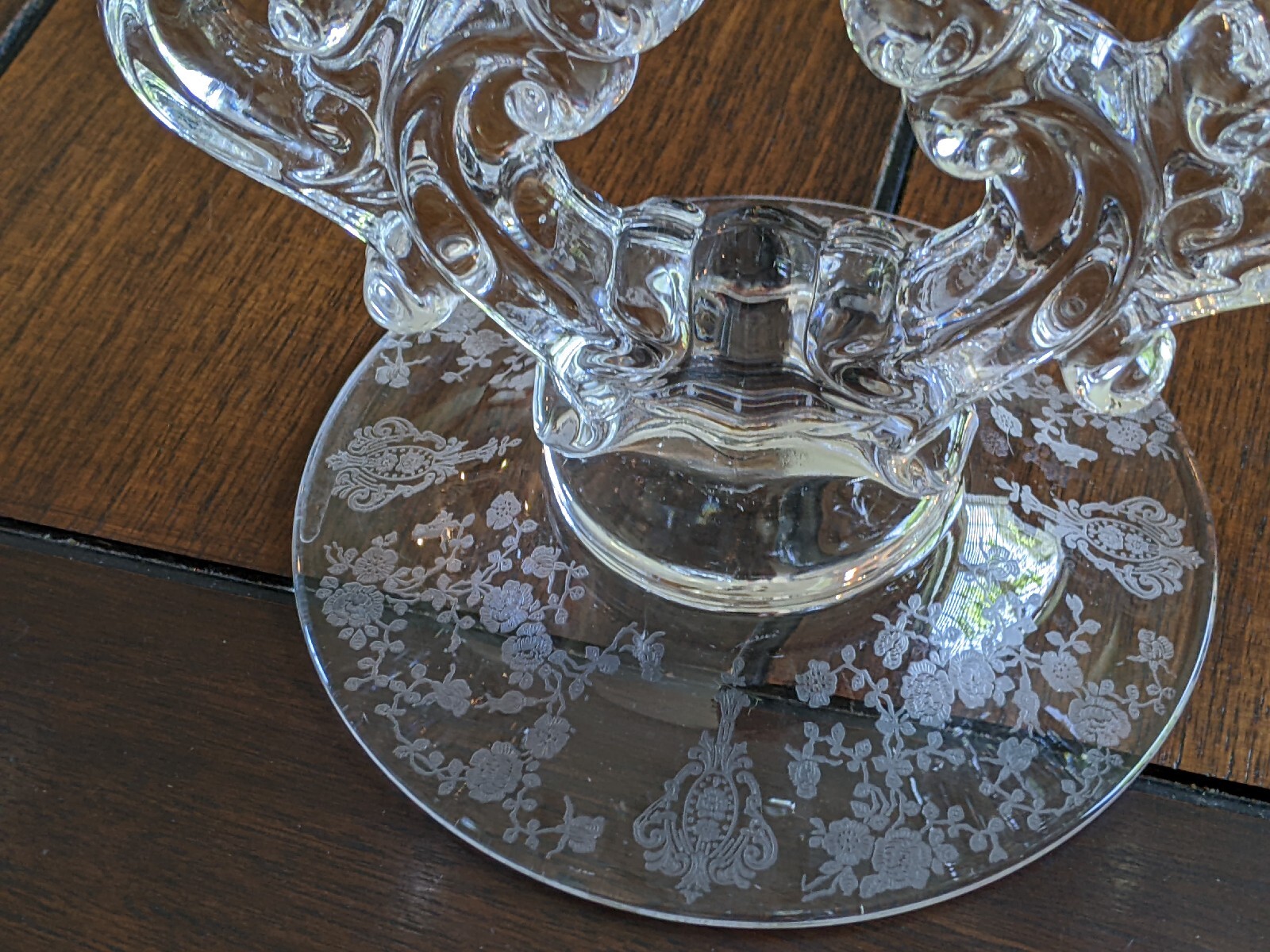 Pair Cambridge Rose Point Clear 3 Light Candle Holders (3400/638) Excellent