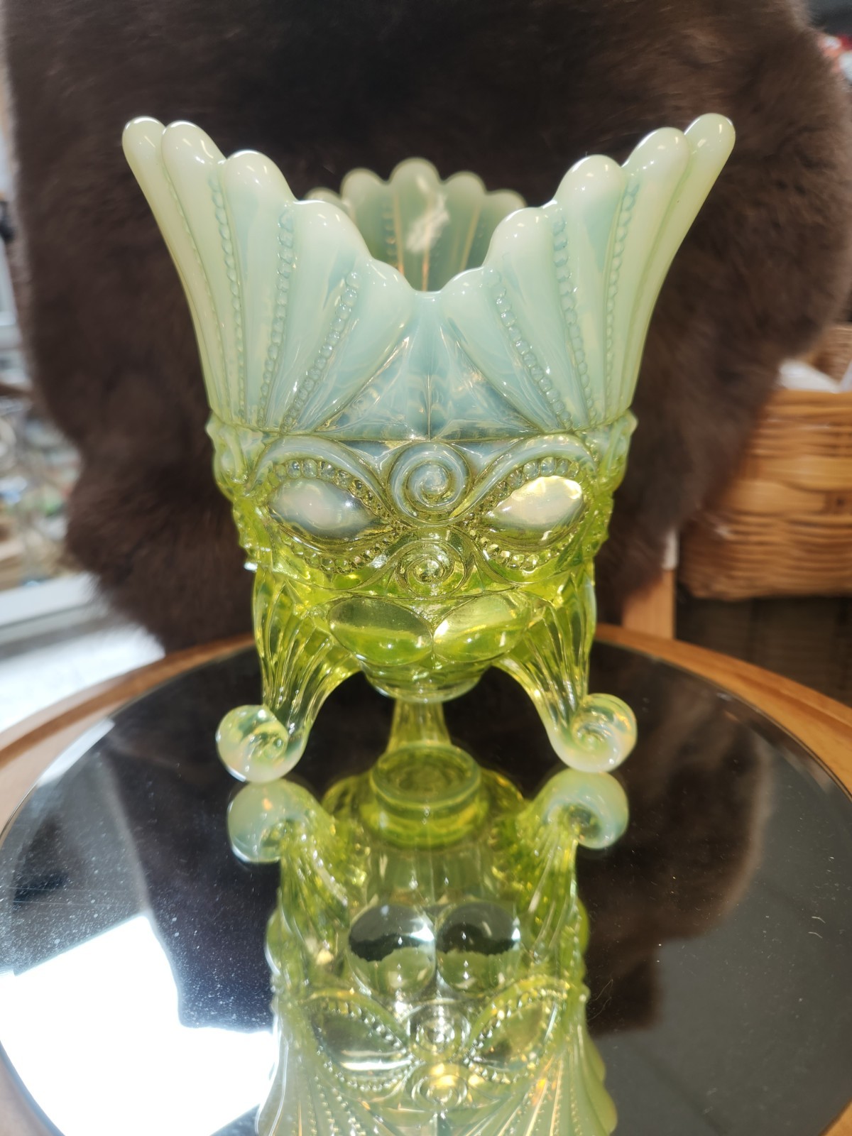 Mosser Opalescent Vaseline Uranium “Eye Winker” Footed Spooner
