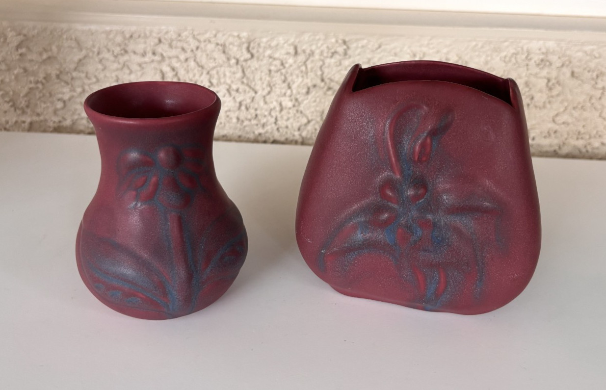 4.25″ Van Briggle Mulberry pottery vase Lot of 2 Flower Motif