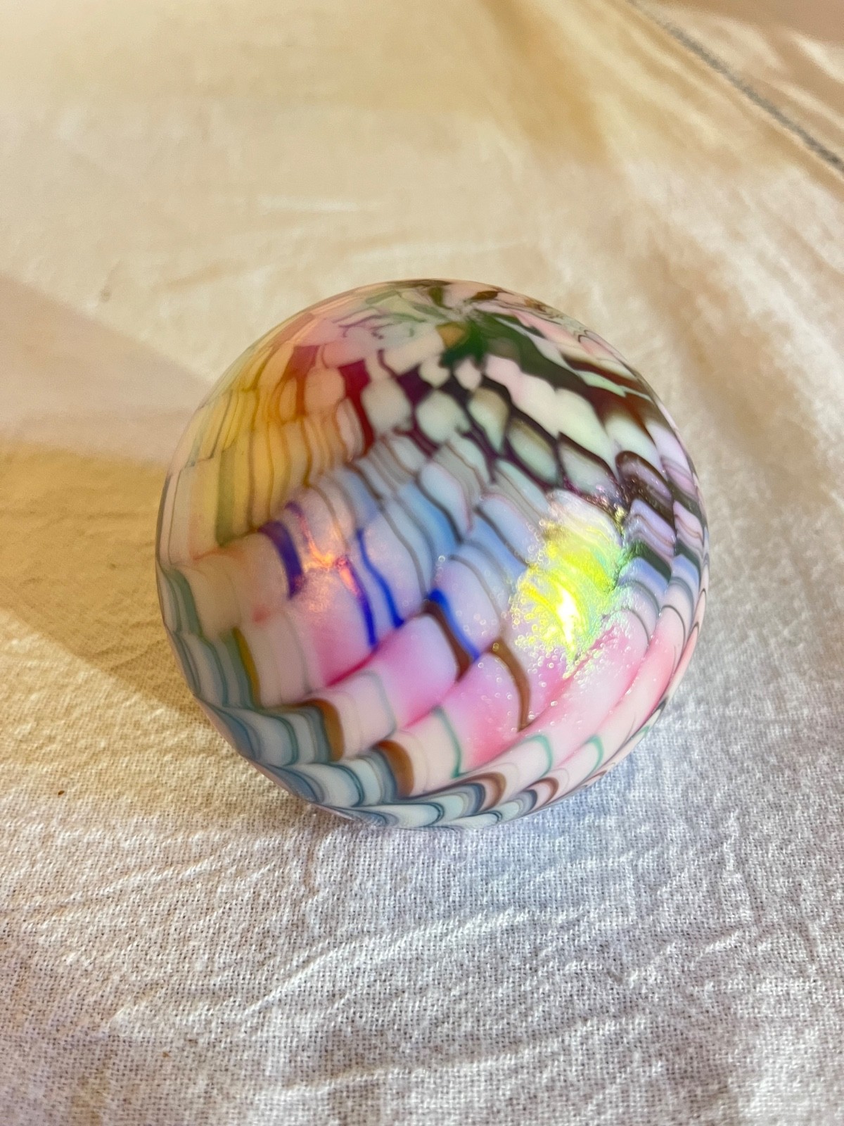 Charles Gibson Art Glass Iridized Snakeskin Paperweight-WV, USA-MCM Pastel Color