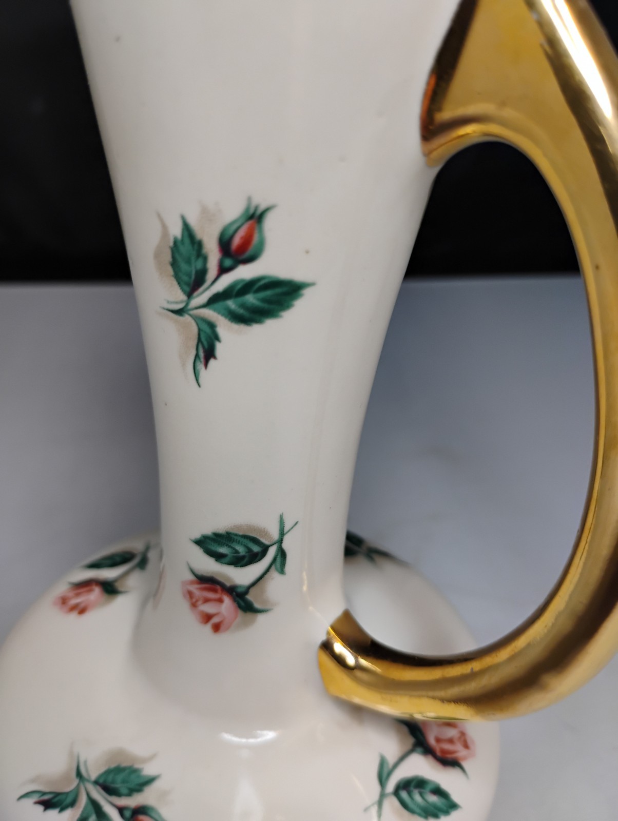 White Pink Floral Ceramic Decorative Vase with Handle Gold Leaf Vintage Decor