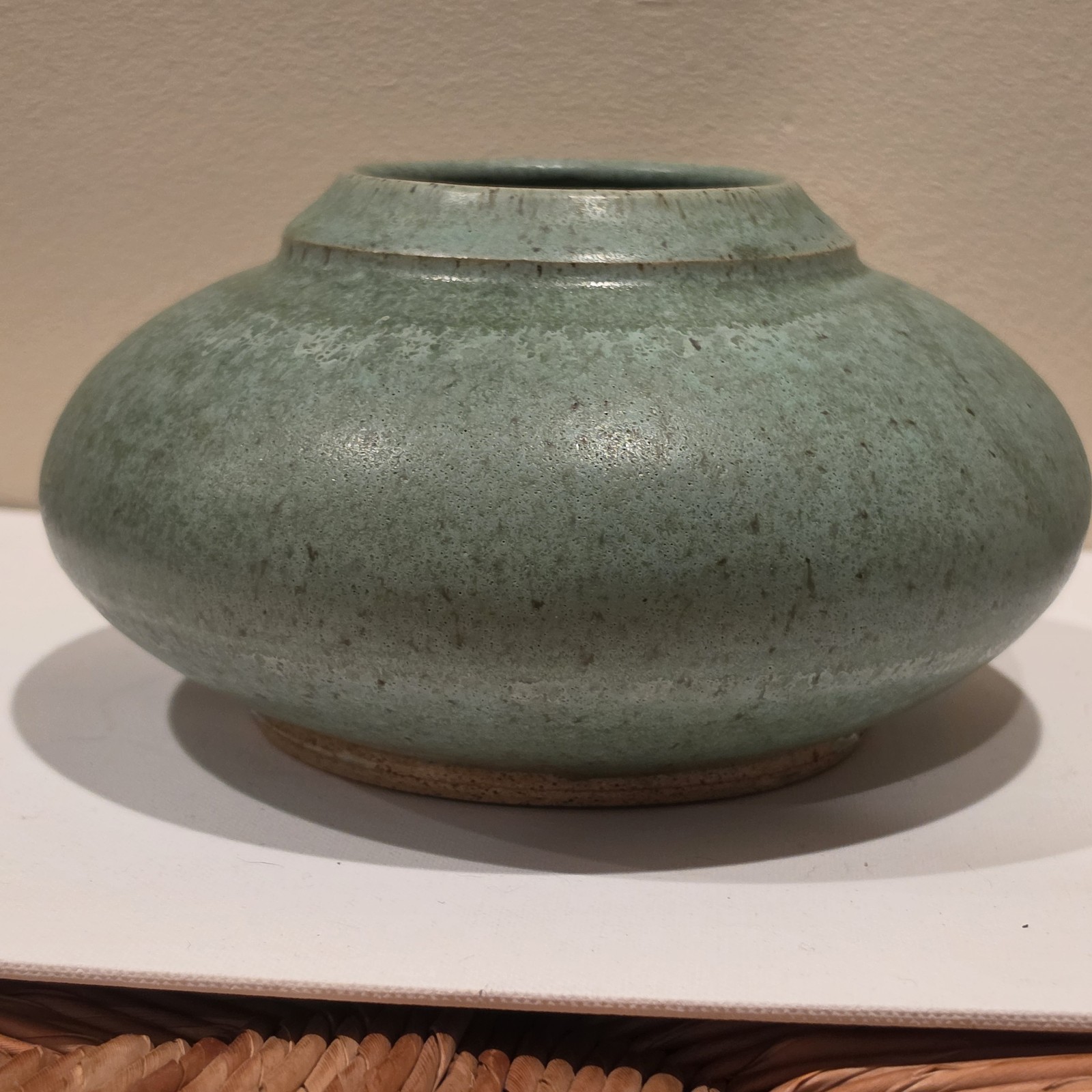 Studio Pottery Ikebana Pot Flower Frog Green Blue Artist JS