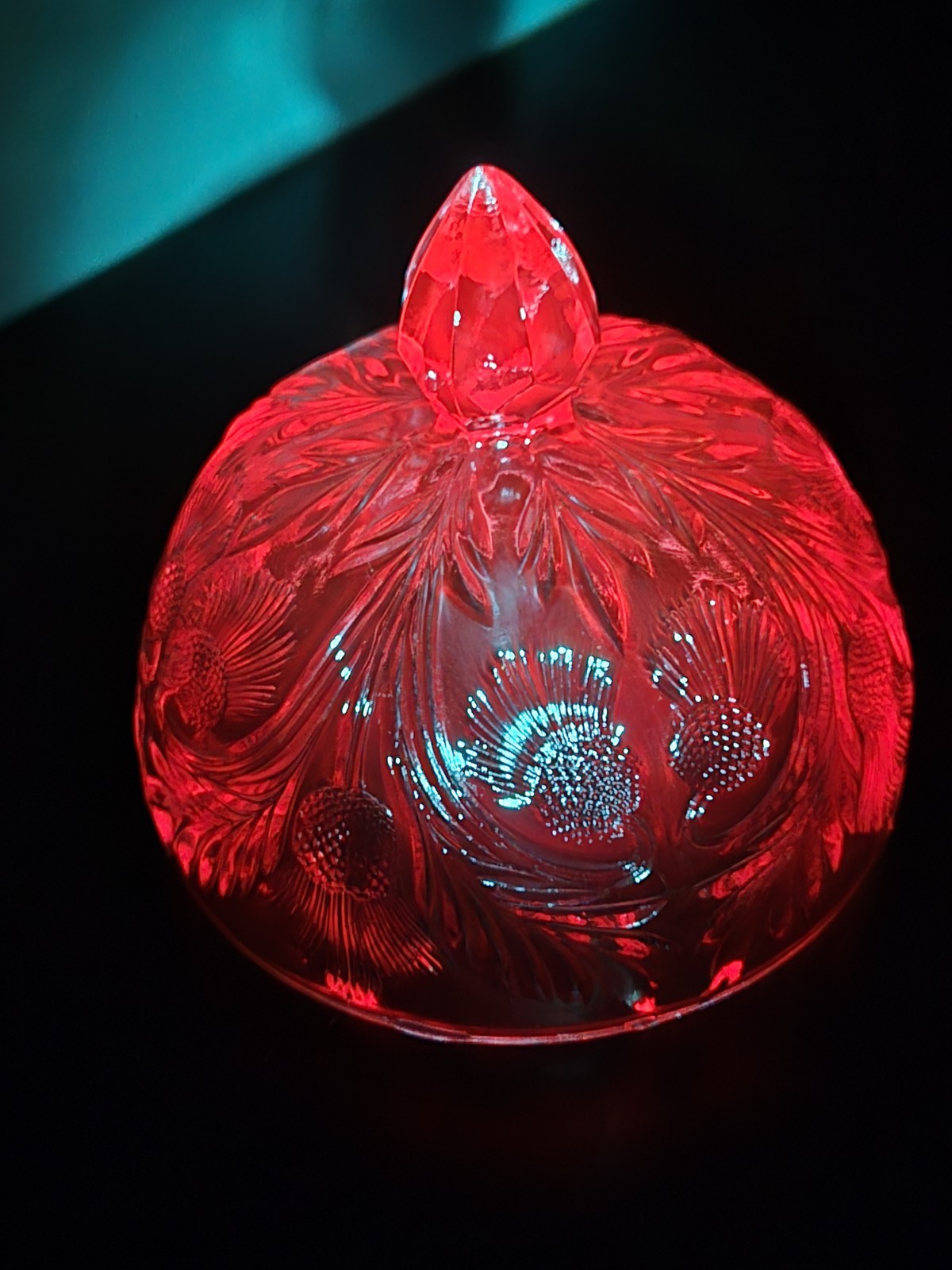 Mosser Glass Inverted Thistle Print Pink Glass w Selenium UV GLOW Spike Dome