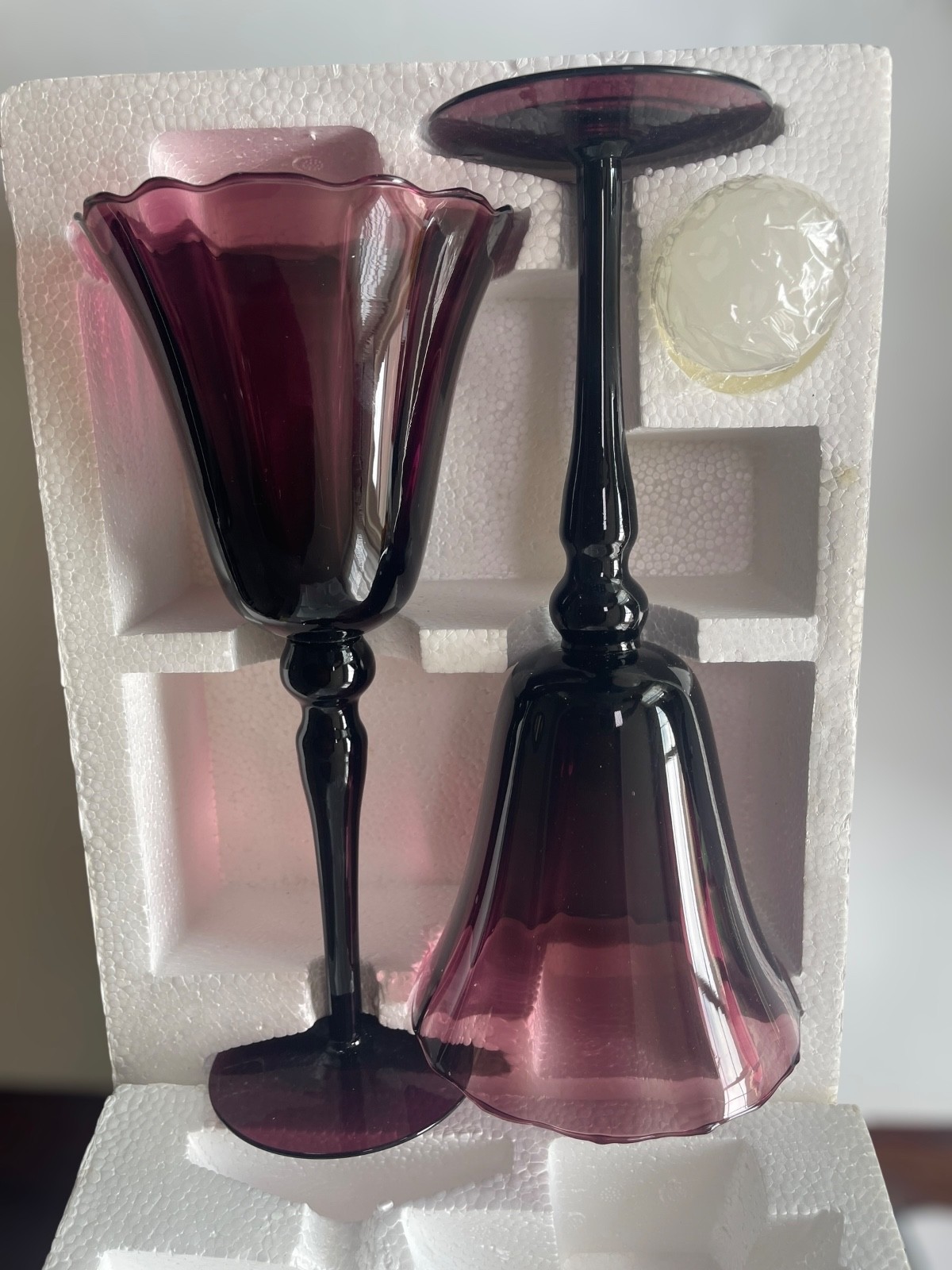 Dark Purple Art Glass 11” Candle Holders by Circleware Set of 2 New in Box VTG