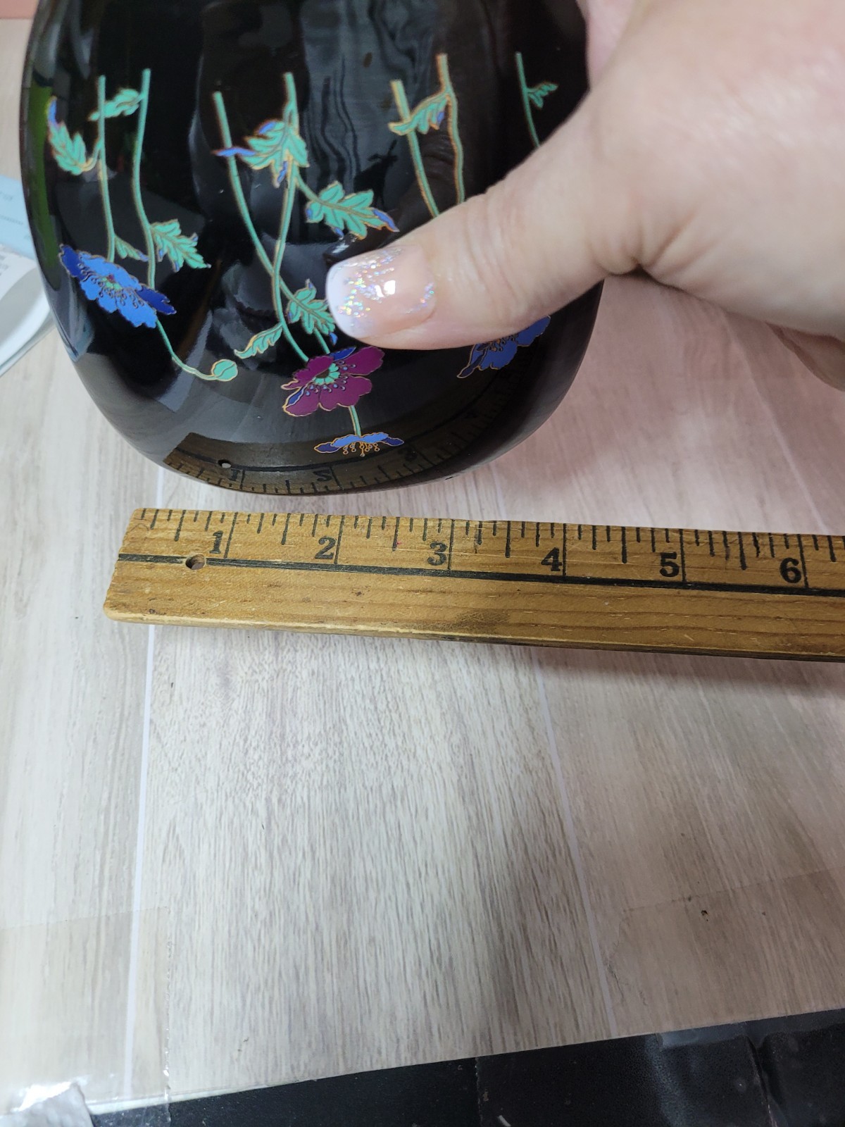 Vintage Japanese Black Glaze Vase Hand Painted Floral Gold Detail Ceramic