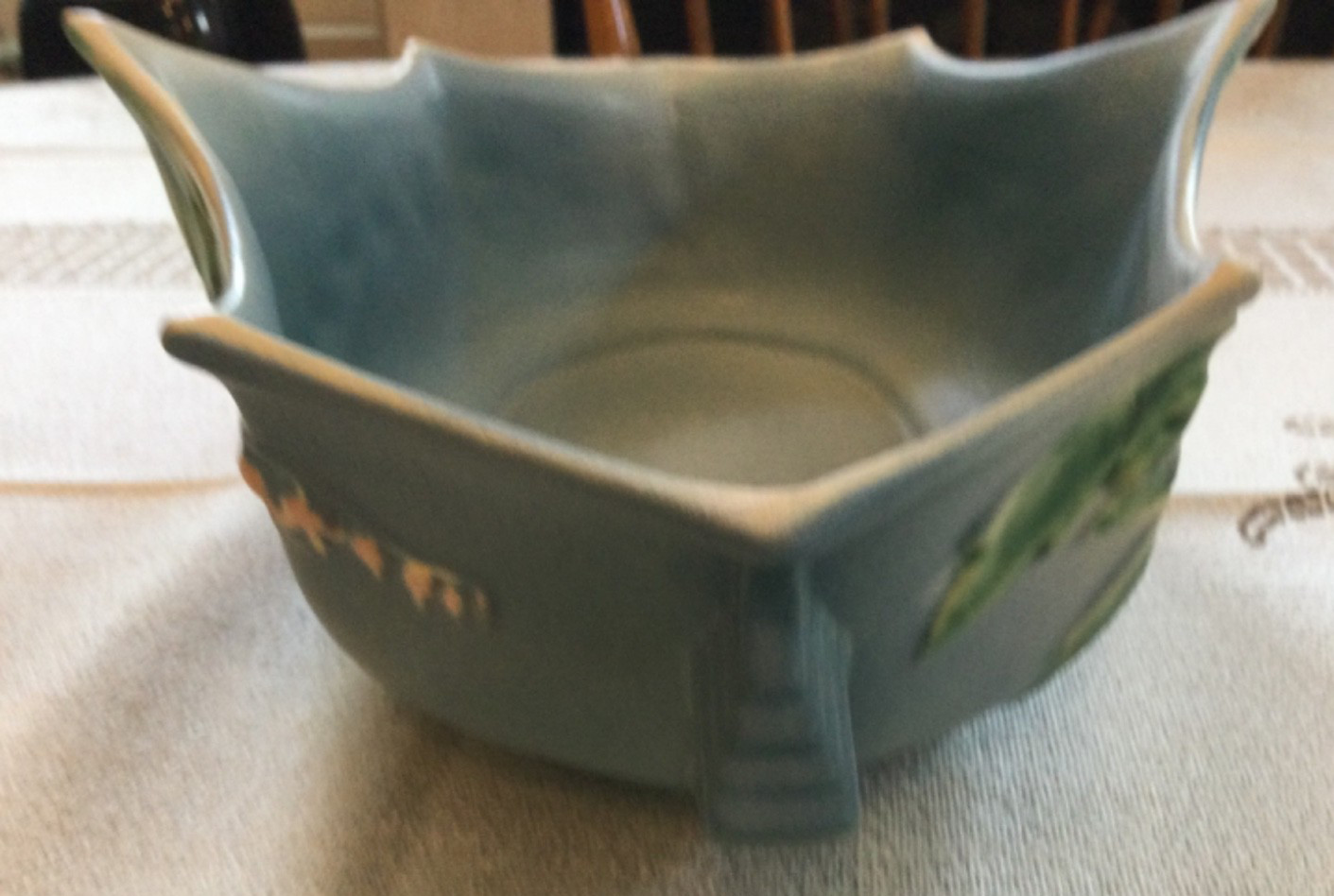 Vintage Roseville Console Bowl, Blue Matte Finish & Bleeding Heart # 382-10”