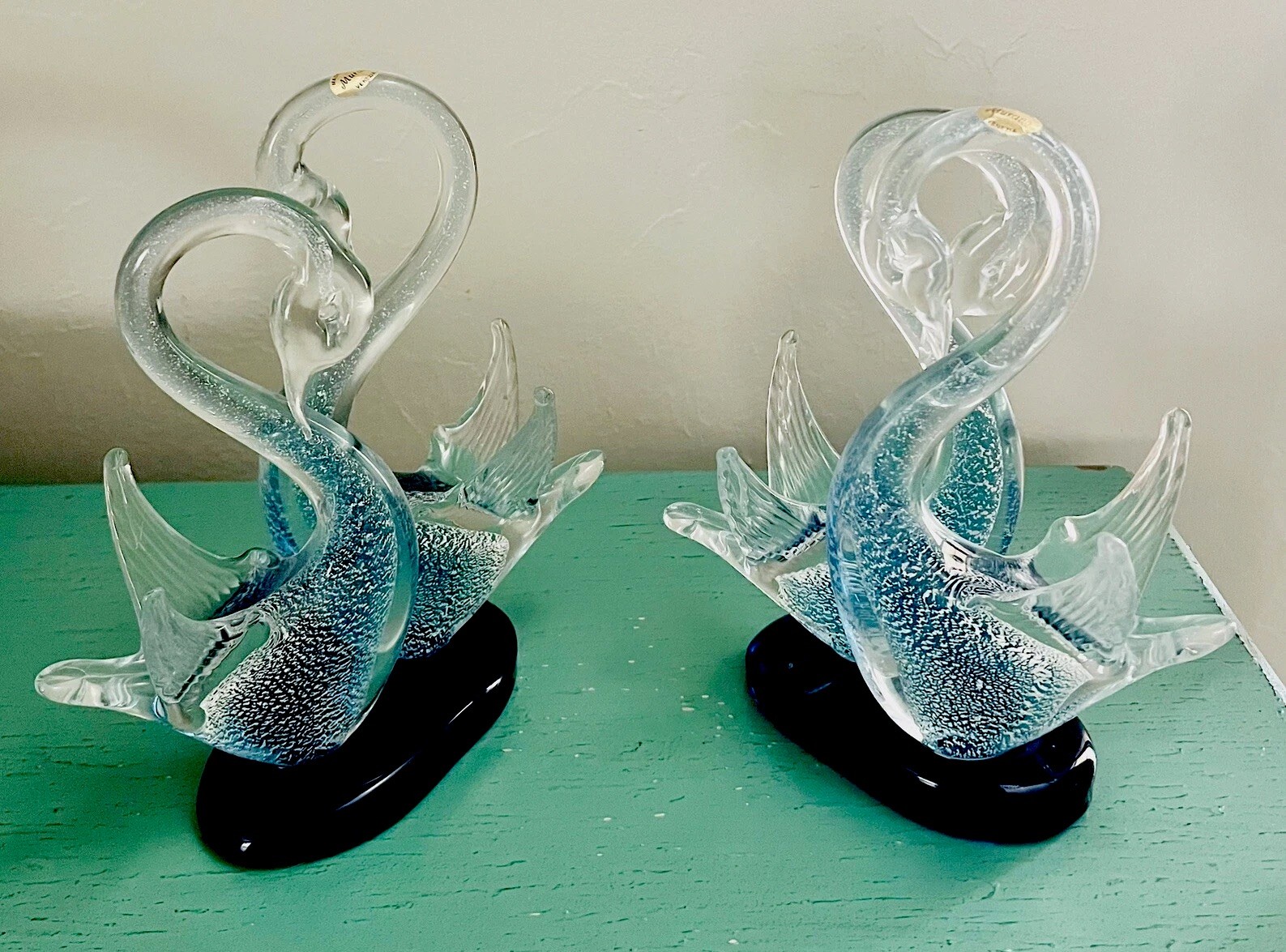 2 Rare MURANO Italy Art Glass Pair of Swans Blue Silver Figurine Heart Love