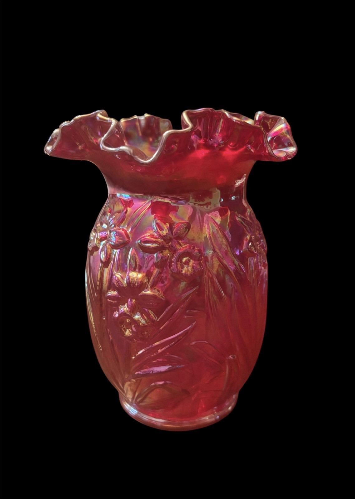 Fenton Iridescent Cranberry Red Daffodil Handmade Art Glass Vase 8 Inches