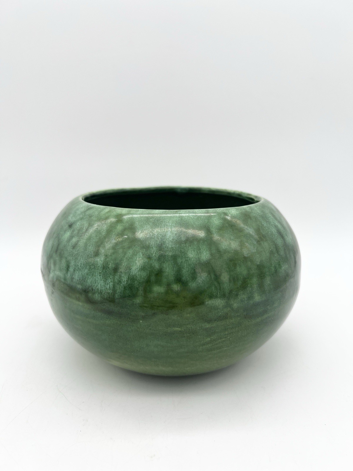 Vintage Green Art Pottery Bowl Planter Vase Mottled Drip Glaze Studio Pottery
