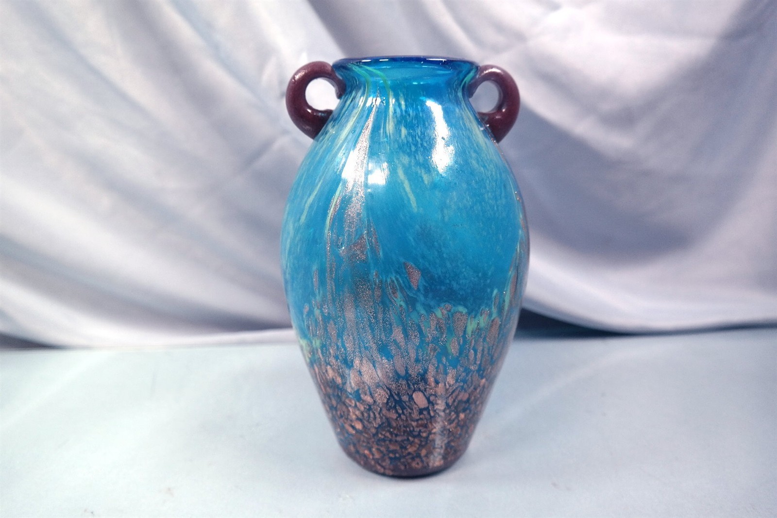 Dale Tiffany Art Glass Milano Vase w Handles Blue Copper Gold Fleck
