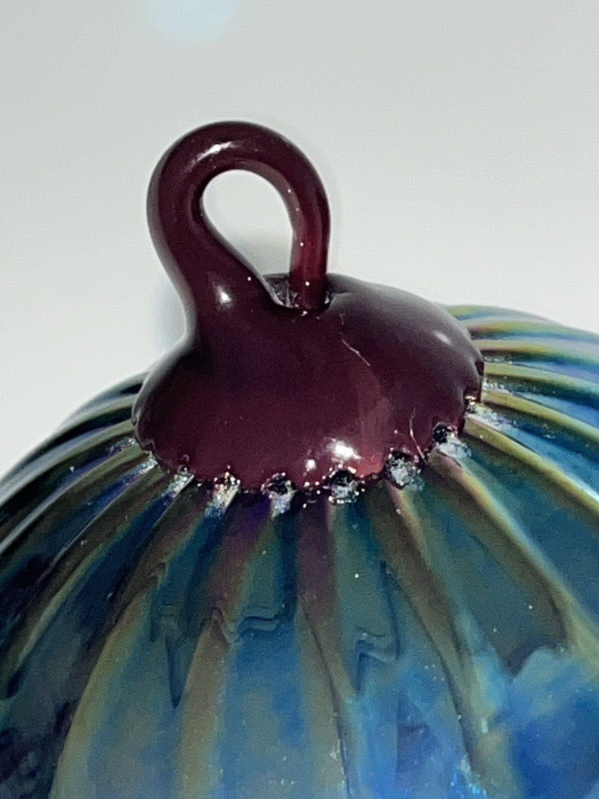 4″x 3” Hand Blown Glass Orb Gazing Suncatcher Ball Ornament Ribbed Purple Blue