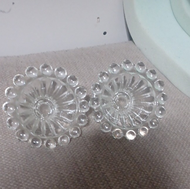 Clear Glass Decorative Beaded Edge Candle Holders Pair for Taper/Dinner Candles