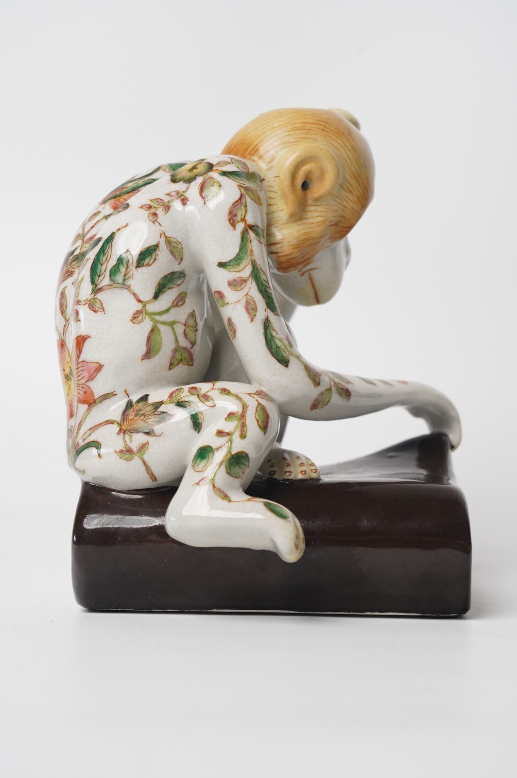 Vintage Chinese Porcelain Monkey Figurine Floral Bird Motif Paperweight