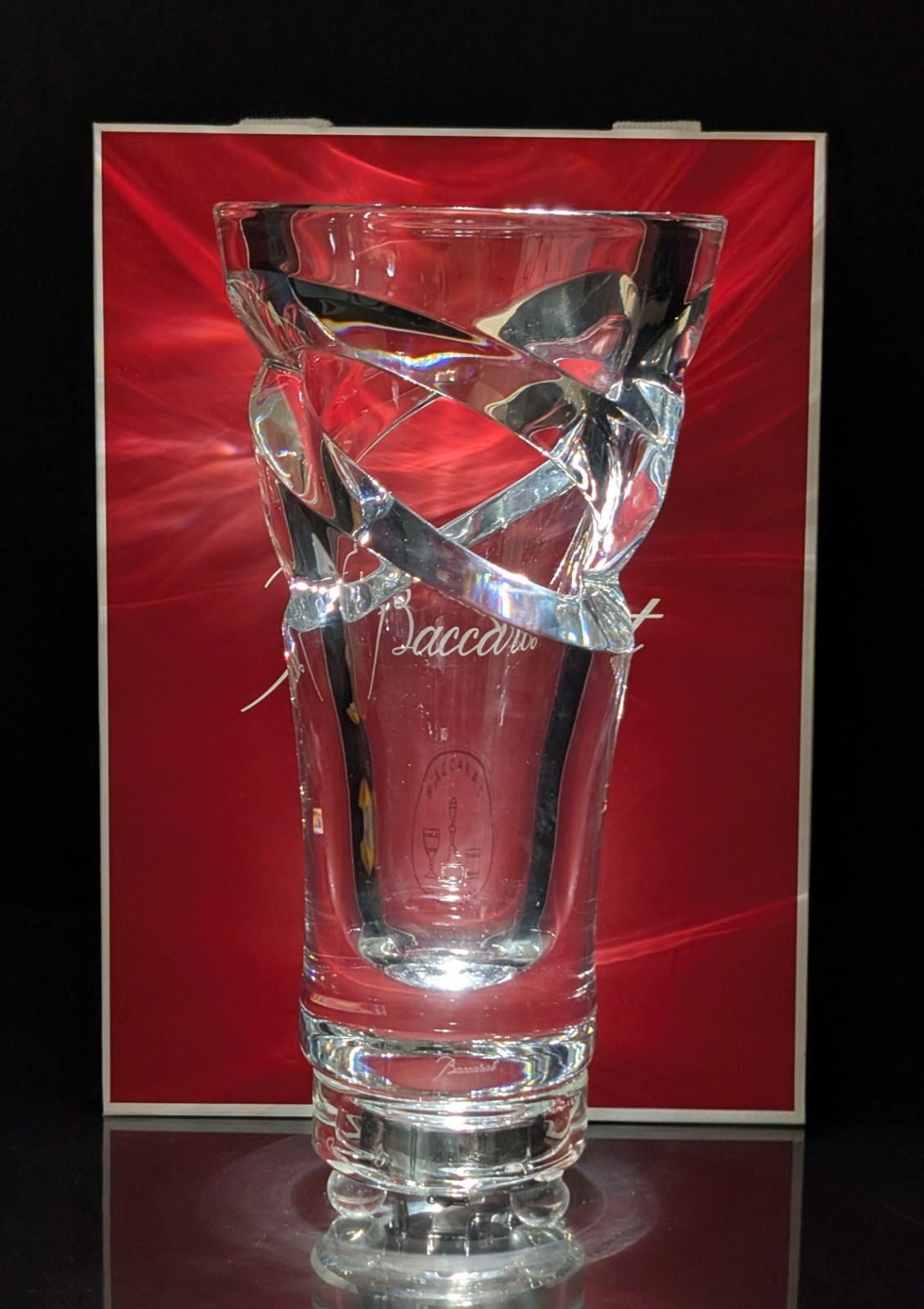 BACCARAT Tornado DOUBLE SIGNED Crystal Glass Vase Urn 9″ + Gift Bag, EUC!