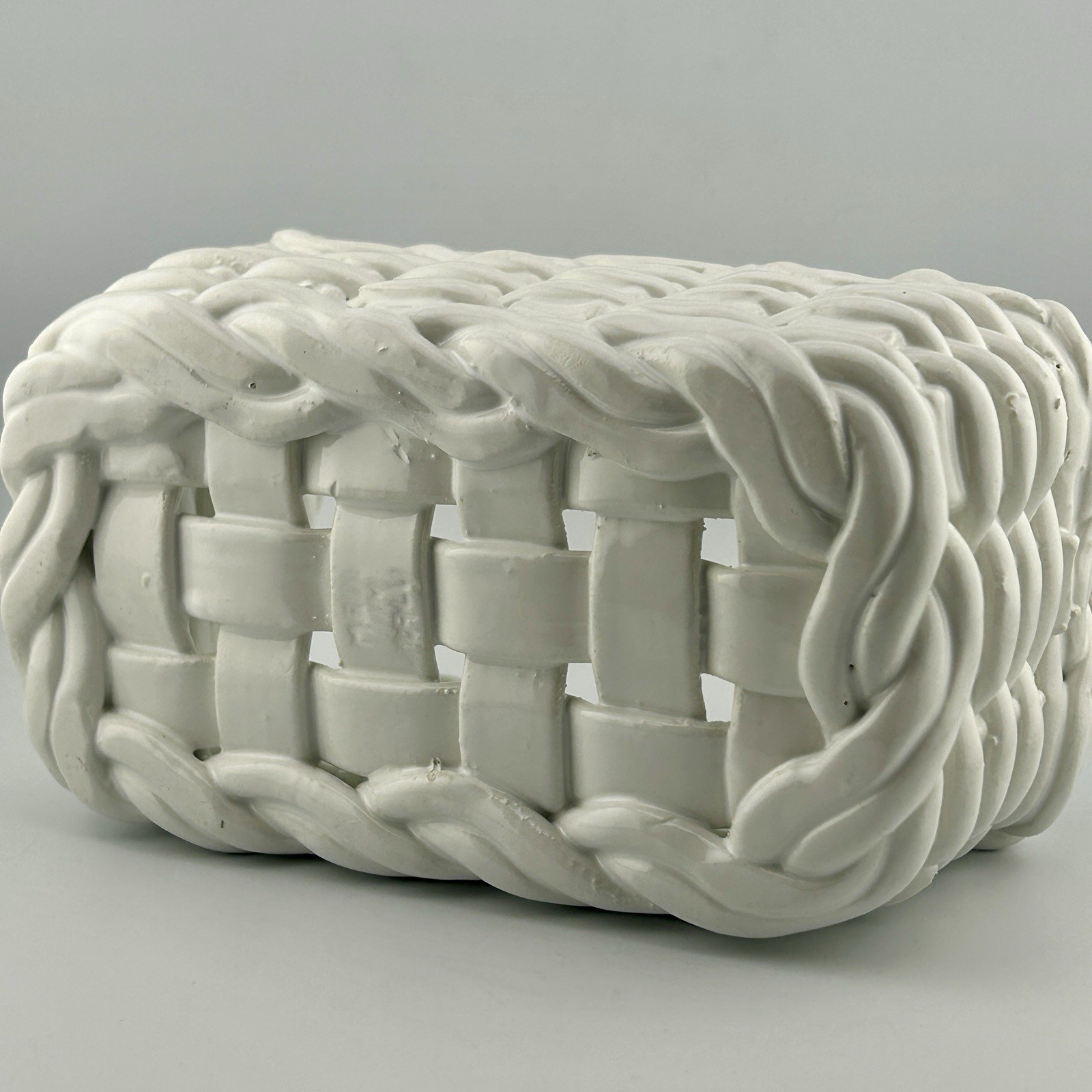 Italian White Ceramic Basket 8 x 4″ Weave Planter Rope Handles 1970s VTG