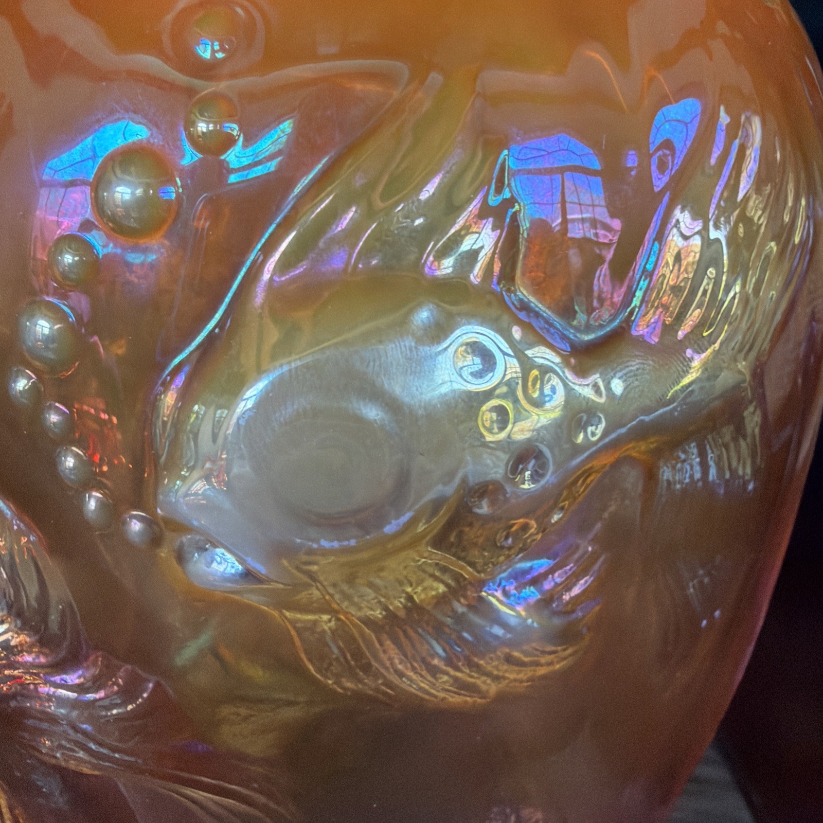 Gorgeous Fenton Iridescent Peach Opal Carnival Atlantis Koi Fish Vase Signed VTG